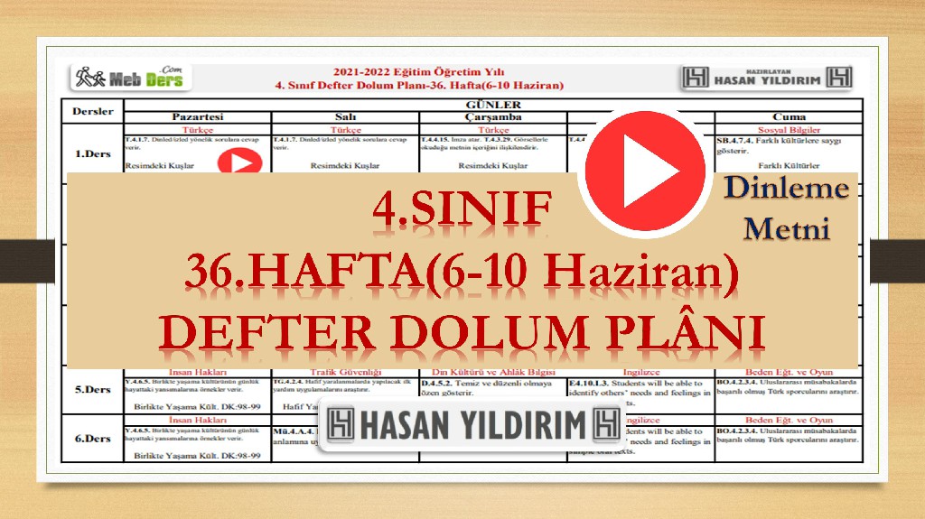 4. Sınıf 36.Hafta(6-10 Haziran) Defter Dolum Planı