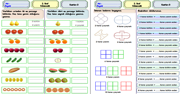 2. Sınıf Matematik Kesirler (Bütün-Yarım-Çeyrek) Etkinliği-3