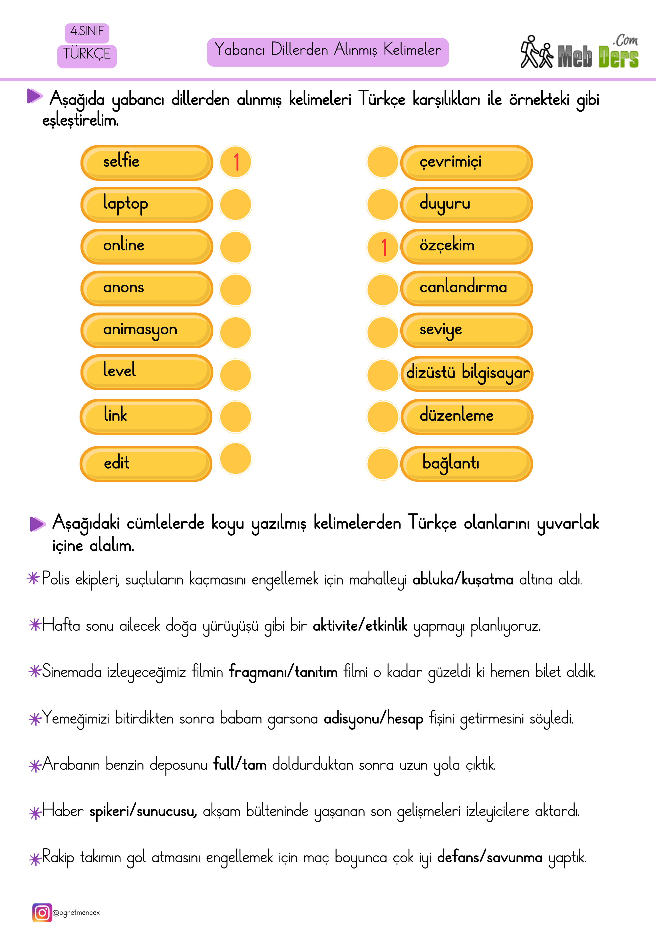 4. Sınıf Türkçe Yabancı Dillerden Dilimize Geçen Kelimeler Çalışma Sayfası