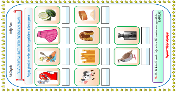 1. Sınıf İlk Okuma Yazma K-k Sesi Resimli Dikte Sınavı (10 SORU)