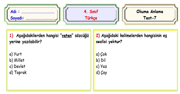 4. Sınıf Türkçe Okuma Anlama Sene Sonu Değerlendirme Testi 7