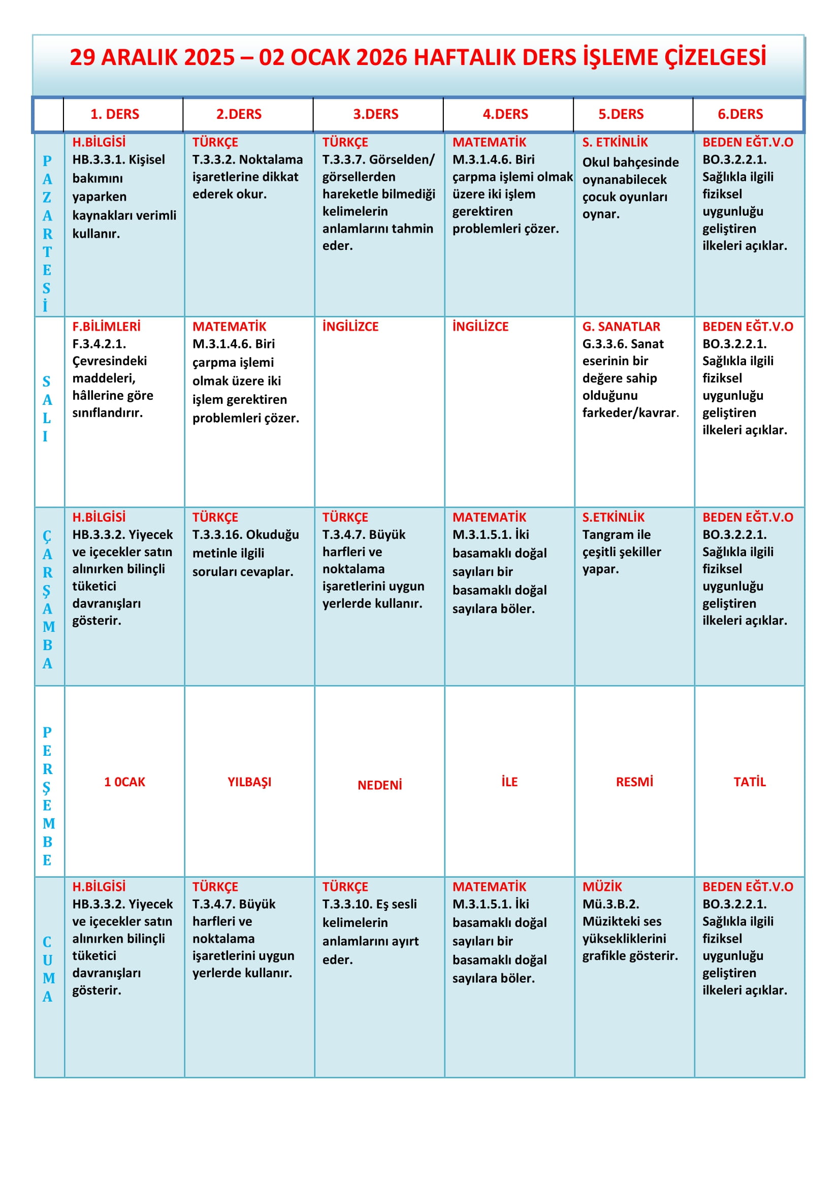 3. Sınıf 29 Aralık 2025 - 02 Ocak 2026 Haftalık Ders İşleme Çizelgesi.doc