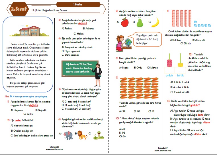2. Sınıf Haftalık Değerlendirme Testi - 1.Hafta (12-16 Eylül)