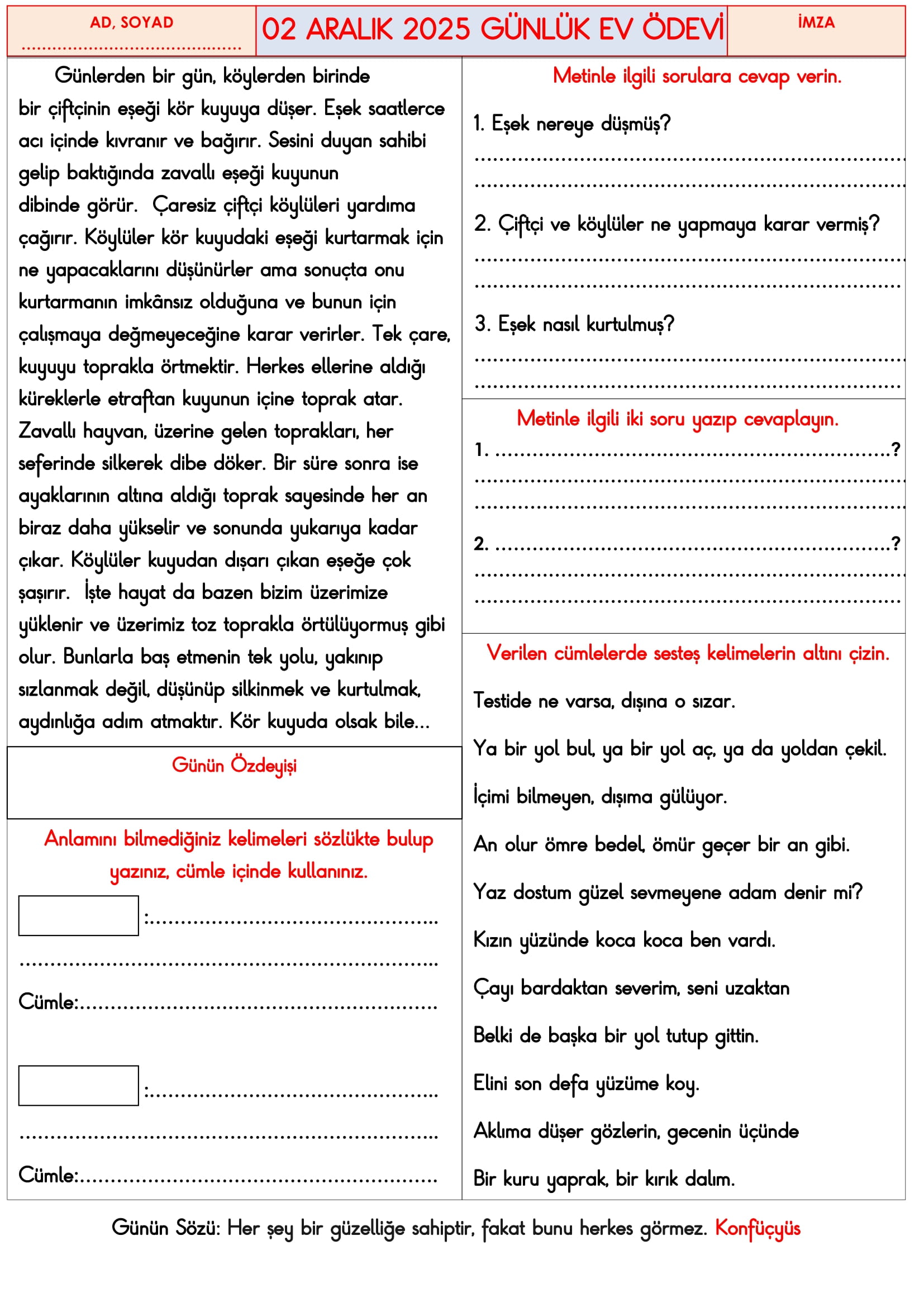 3. Sınıf - 02 Aralık 2025 Günlük Ev Ödevleri
