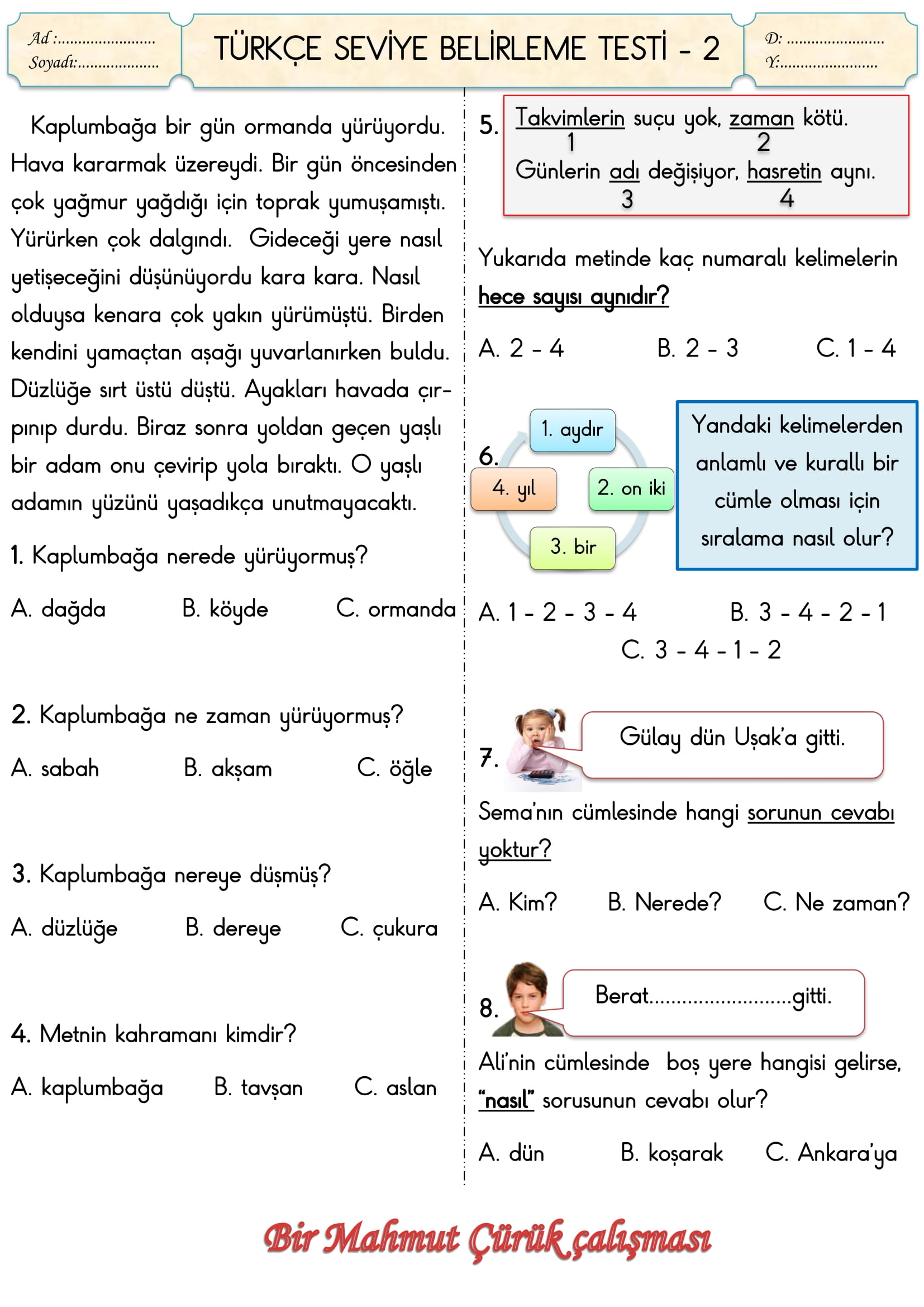 2. Sınıf Türkçe Seviye Belirleme Testi-2