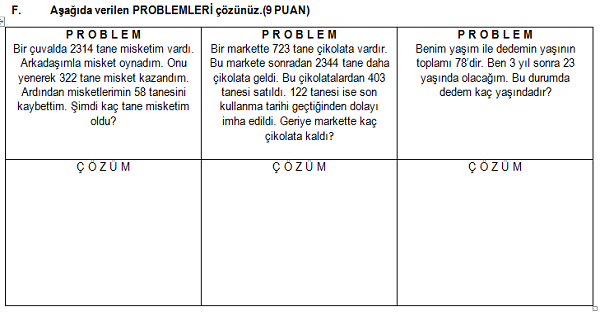 4. Sınıf Matematik Dersi 1.Dönem 2.Yazılı Sınavı