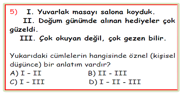4. Sınıf Türkçe Öznel-Nesnel İfadeler Test