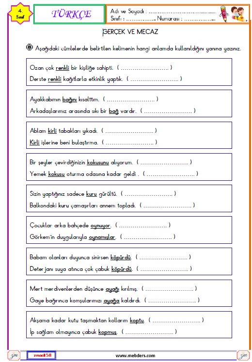 4. Sınıf Türkçe Gerçek , Mecaz ve Terim Anlam Etkinliği