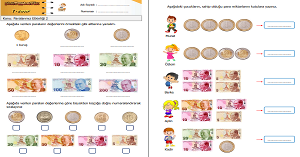 1. Sınıf Matematik Paralarımızı Tanıyalım Etkinliği 2