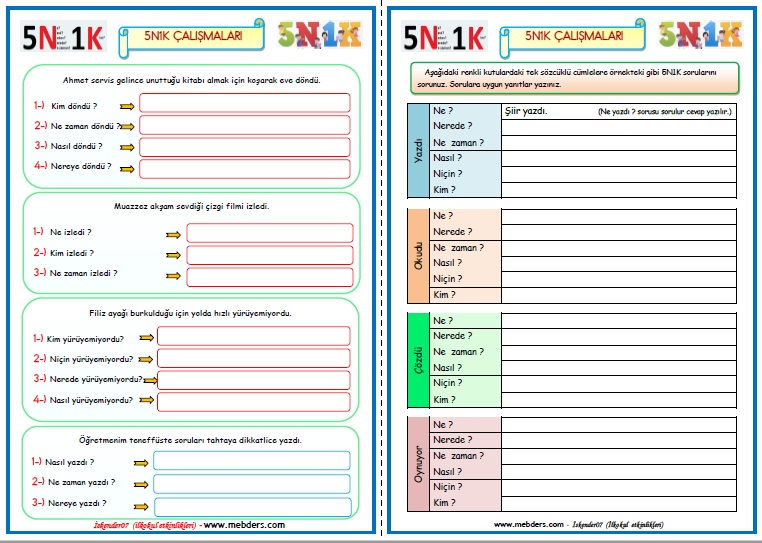 2. Sınıf Türkçe 5N1K Çalışmaları 2 (4 Sayfa)