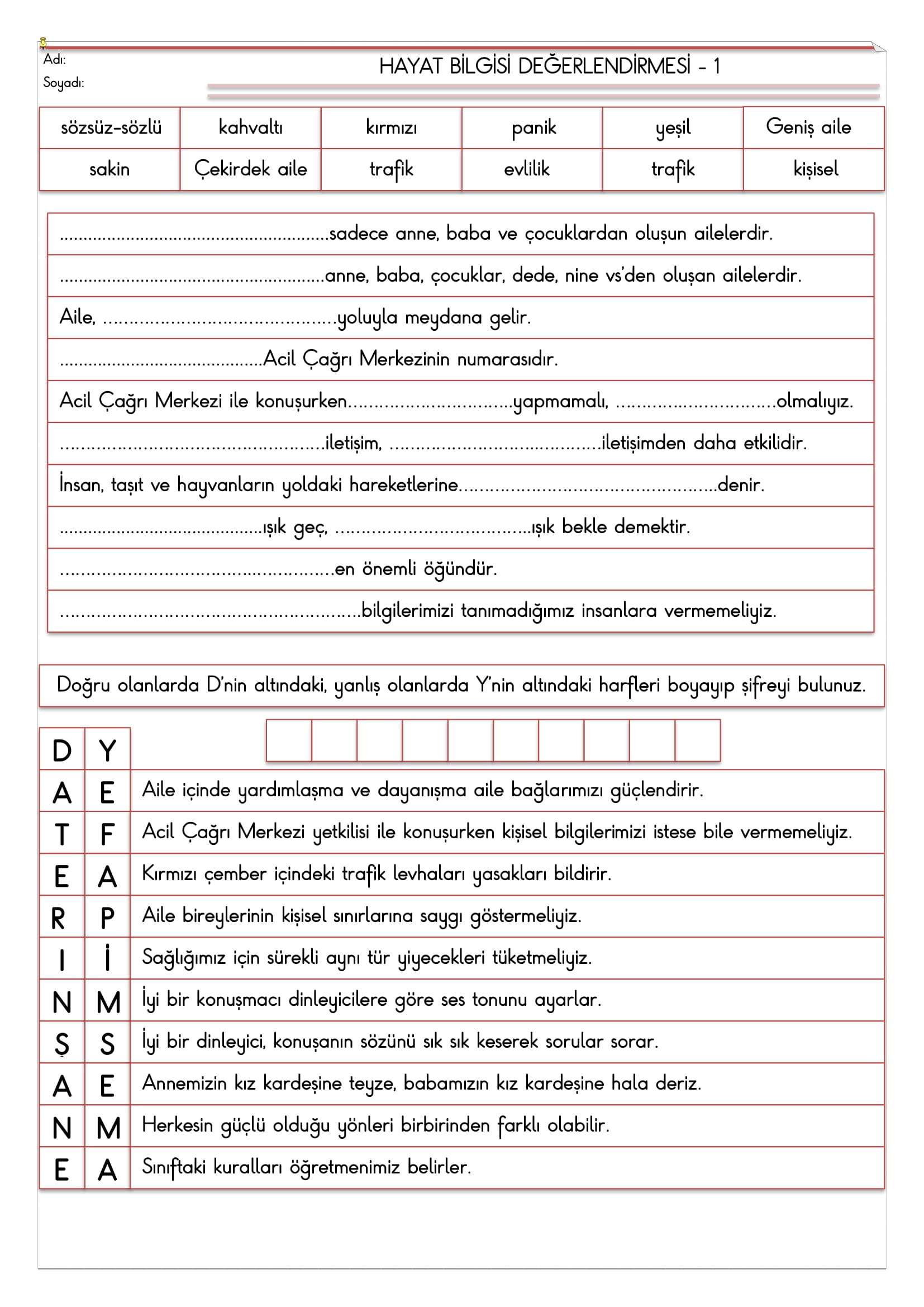 2. Sınıf - Hayat Bilgisi Değerlendirmesi-1