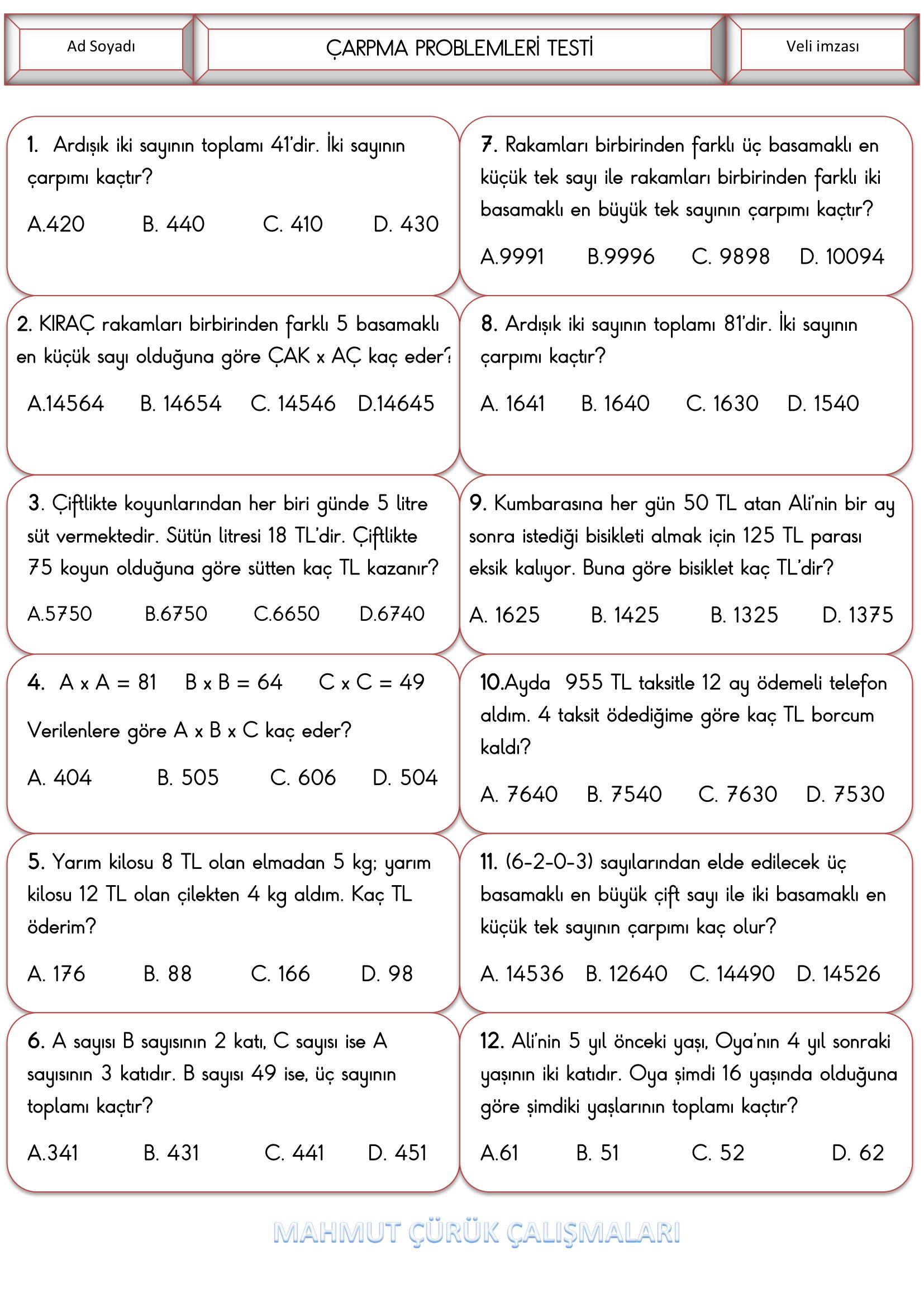 4. Sınıf - Matematik Çarpma Problemleri Testi