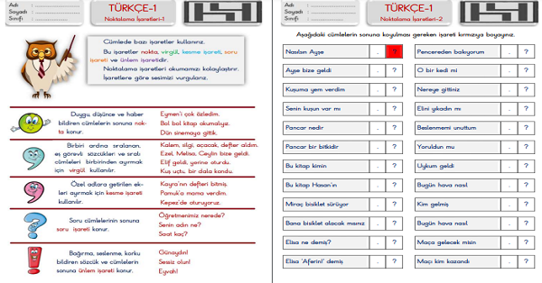 1. Sınıf Türkçe Noktalama İşaretleri Etkinlik Sayfaları