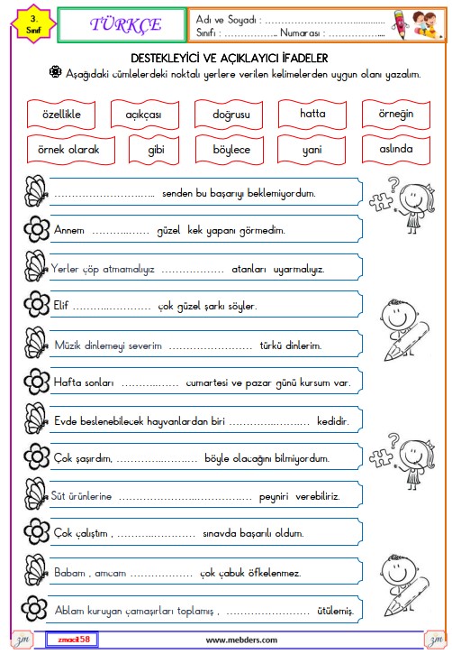 3. Sınıf Türkçe Destekleyici ve Açıklayıcı İfadeler Etkinliği