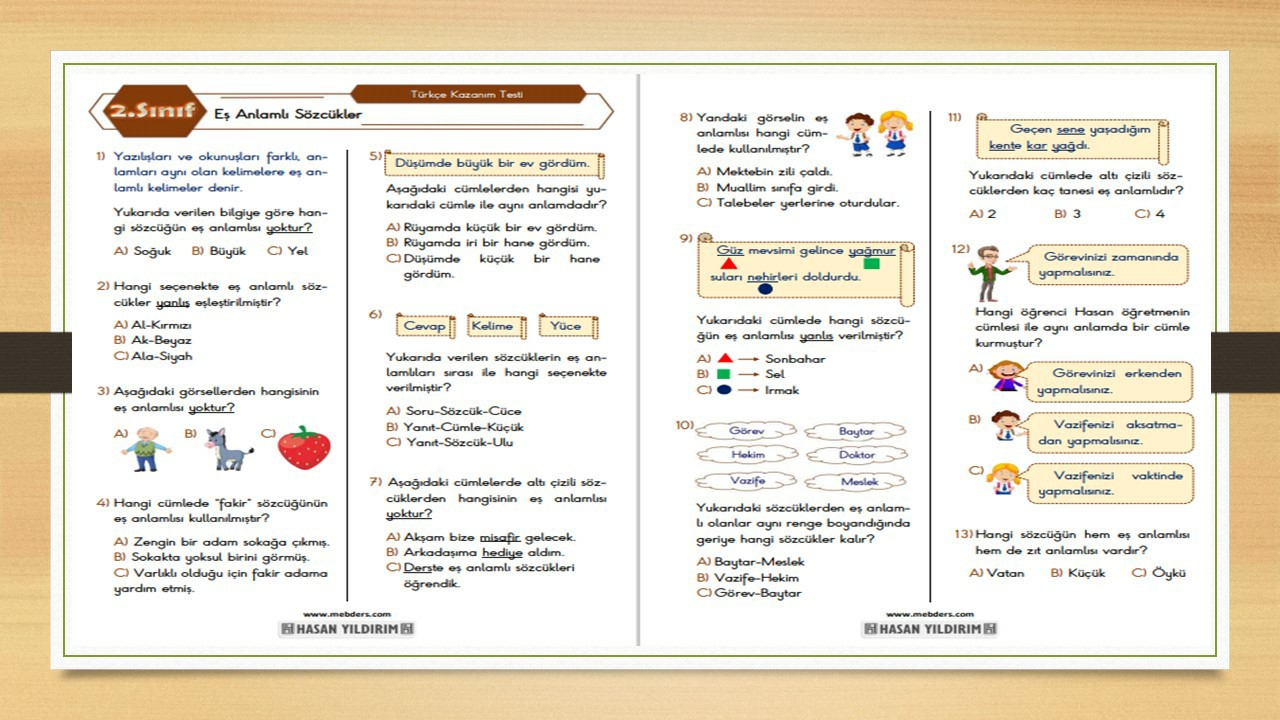 2. Sınıf Türkçe Eş Anlamlı Sözcükler Testi