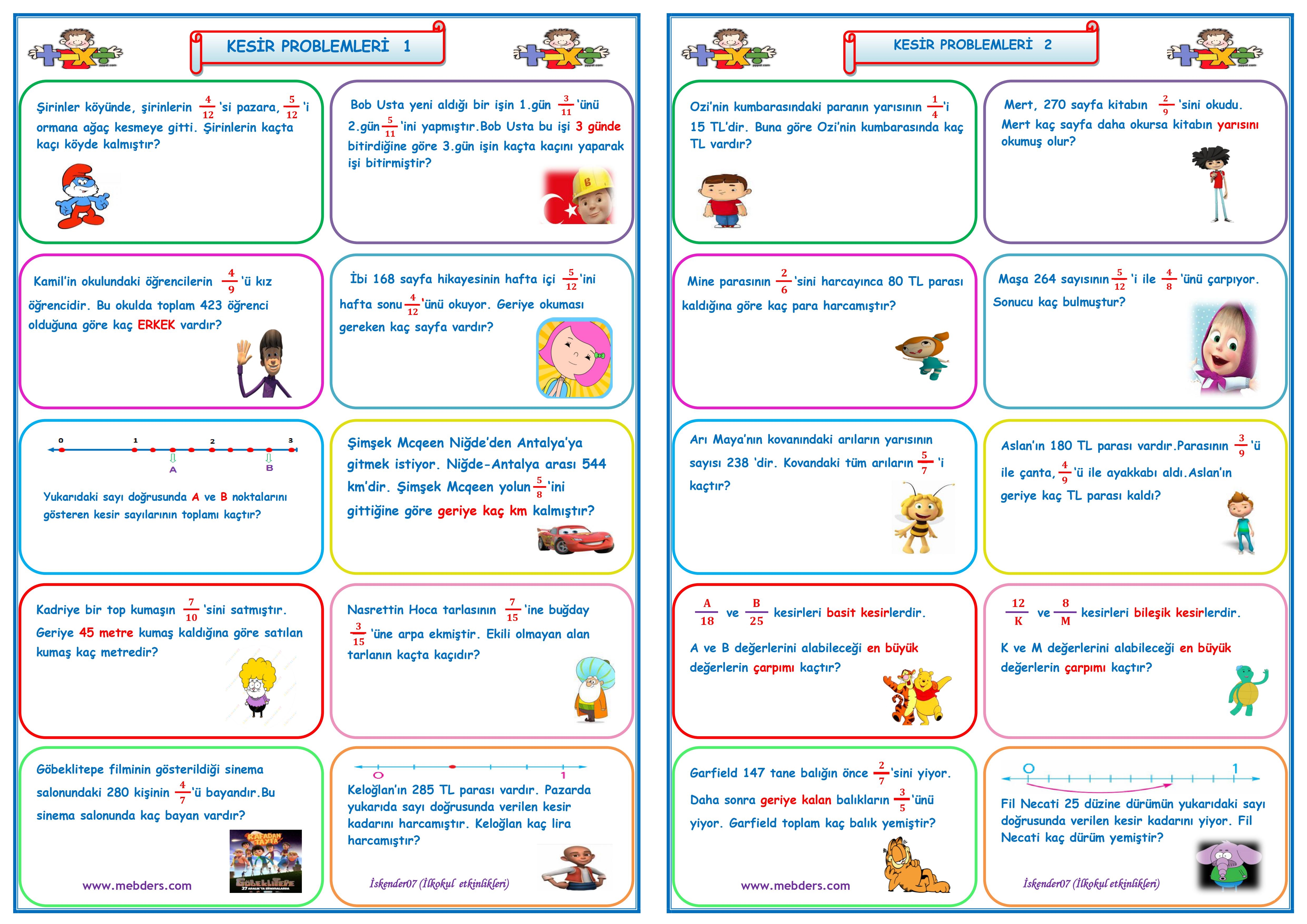 4. Sınıf Matematik Kesir Problemleri 1-2 (20 Soru)