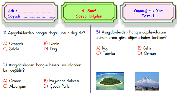 4. Sınıf Sosyal Bilgiler Yaşadığımız Yer Ünite Testi (50 Soru)