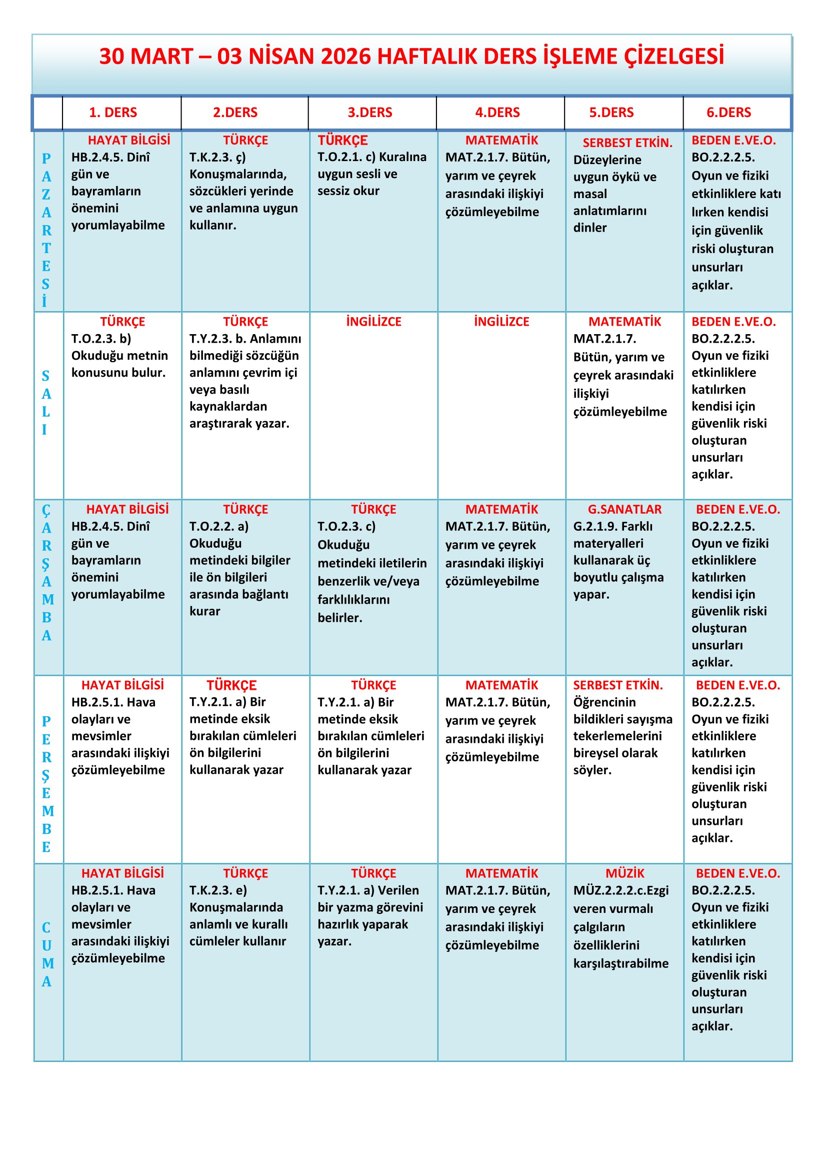 2. Sınıf 30 Mart - 03 Nisan 2026 Haftalık Ders İşleme Çizelgesi.doc