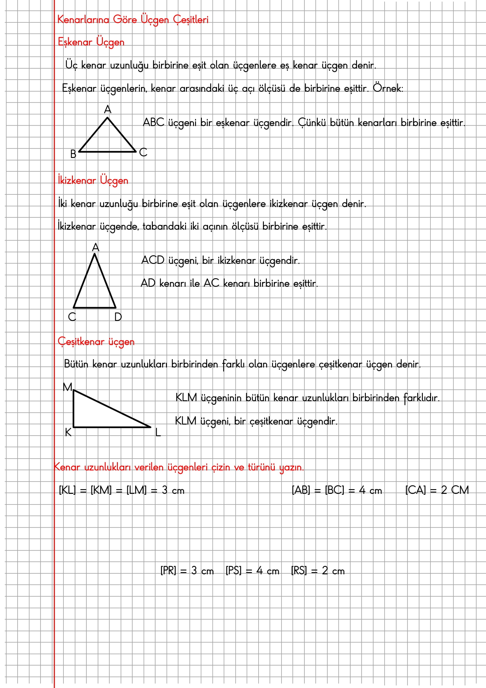 4. Sınıf Matematik Kareli Defterde Kenarlarına Göre Üçgen Türleri Konu Özeti