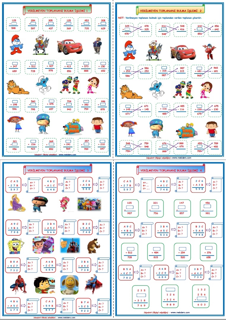 3. Sınıf Matematik Verilmeyen Toplananı Bulma  (4 Sayfa)