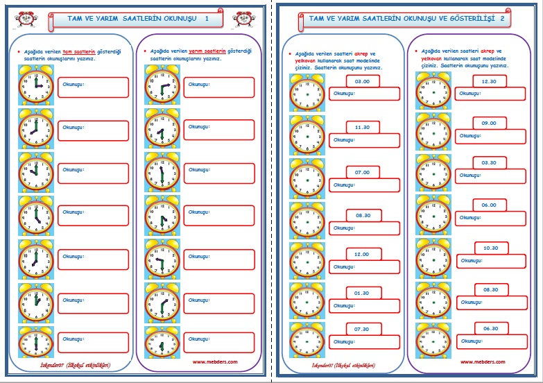 1. Sınıf Matematik Saatlerin Okunuşu ve Gösterilişi 1-2 (2 Sayfa)