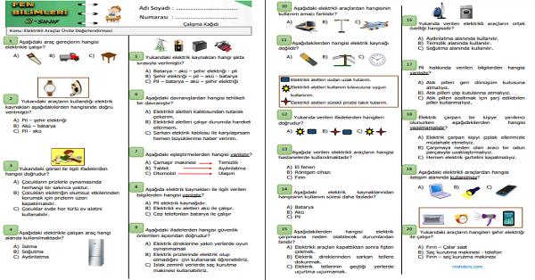 3. Sınıf Fen Bilimleri Elektrikli Araçlar Ünite Değerlendirmesi 1