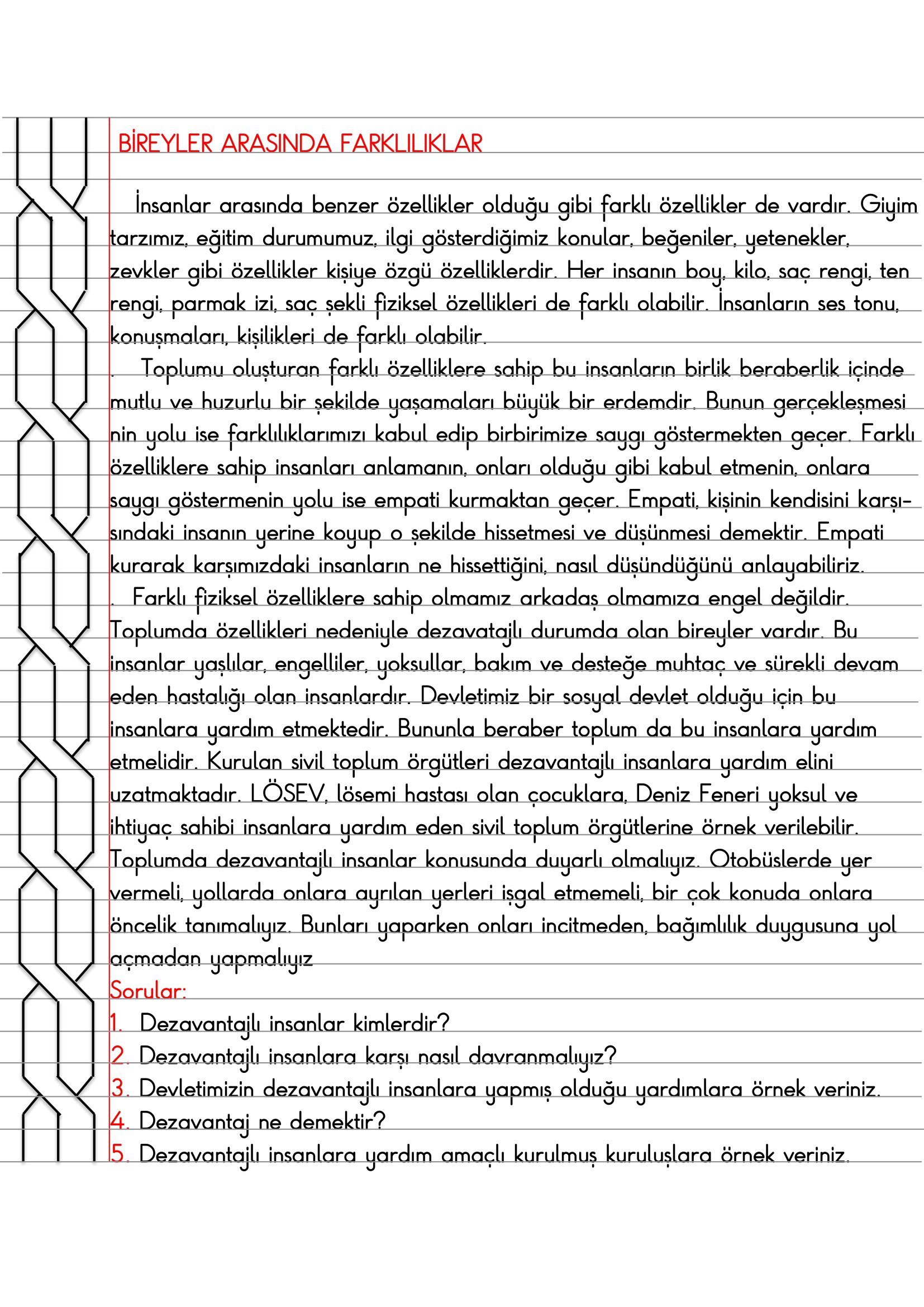 4. Sınıf - Sosyal Bilgiler - Bireyler Arasında Farklılıklar Defter Özeti