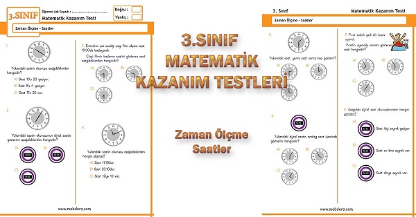 3. Sınıf Matematik Kazanım Testi - Zaman Ölçme, Saatler