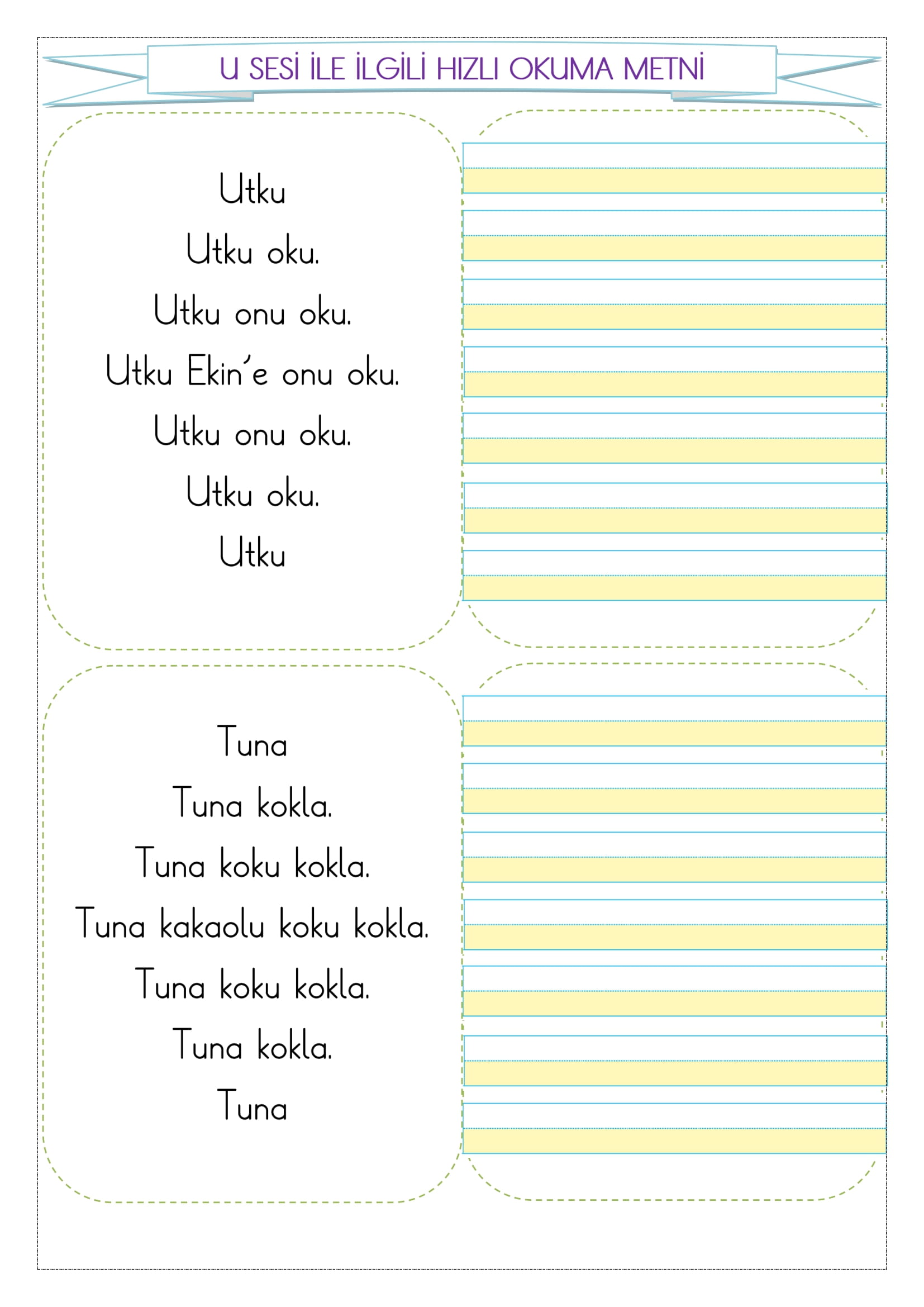 1. Sınıf İlk Okuma Yazma U Sesi Hızlı Okuma Metni