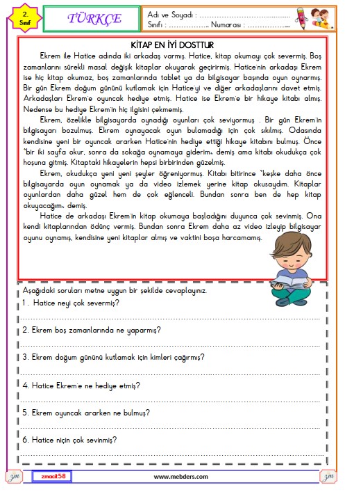 2. Sınıf Türkçe Okuma ve Anlama Metni Etkinliği (Kitap En İyi Dosttur) 26