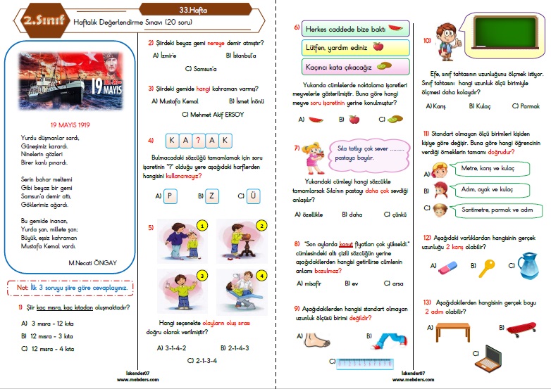 2. Sınıf Haftalık Değerlendirme Testi - 33.Hafta (16-20 Mayıs)