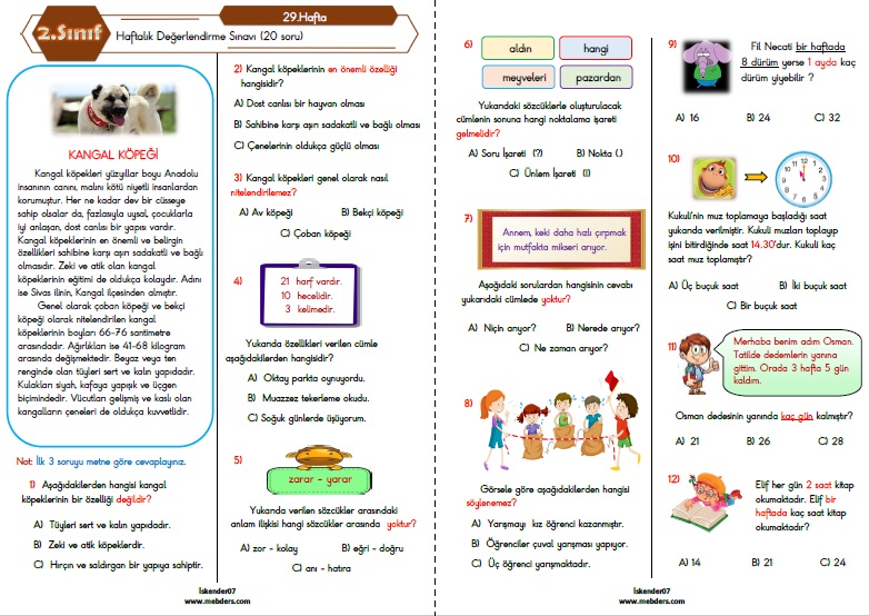 2. Sınıf Haftalık Değerlendirme Testi - 29.Hafta (18-22 Nisan)