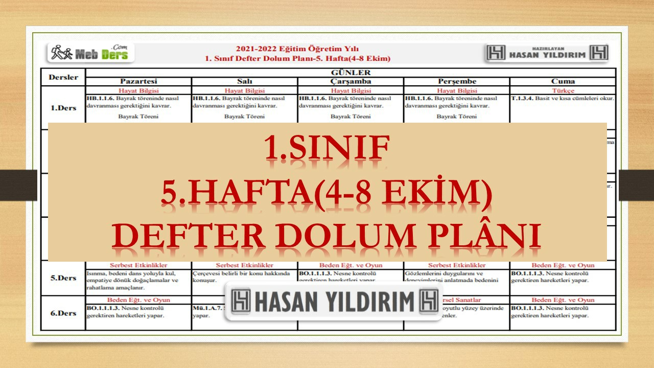 1. Sınıf 5.Hafta(4-8 Ekim) Defter Dolum Planı