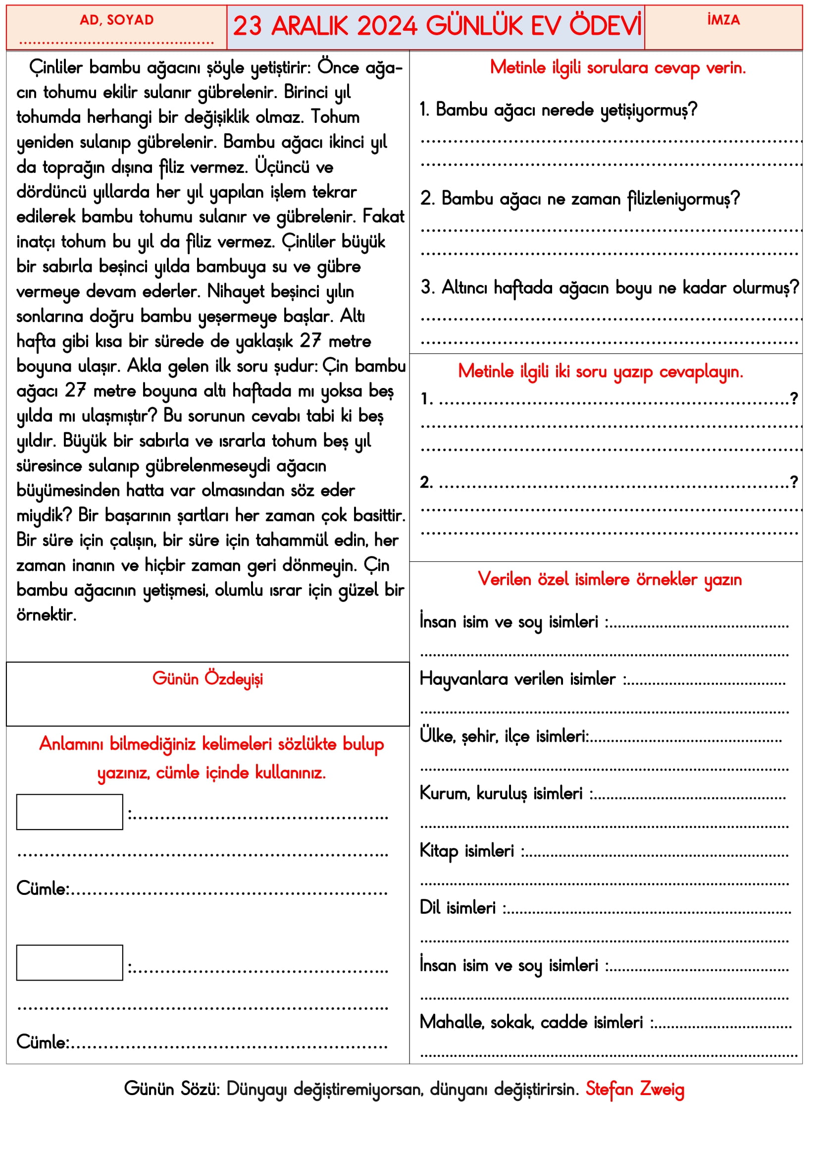 3. Sınıf 23 Aralık 2024 Günlük Ev Ödevi
