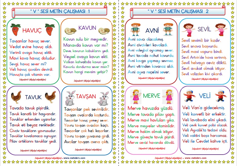 1. Sınıf V-v Sesi Metin Çalışması (4 Sayfa - 8 Farklı Metin)