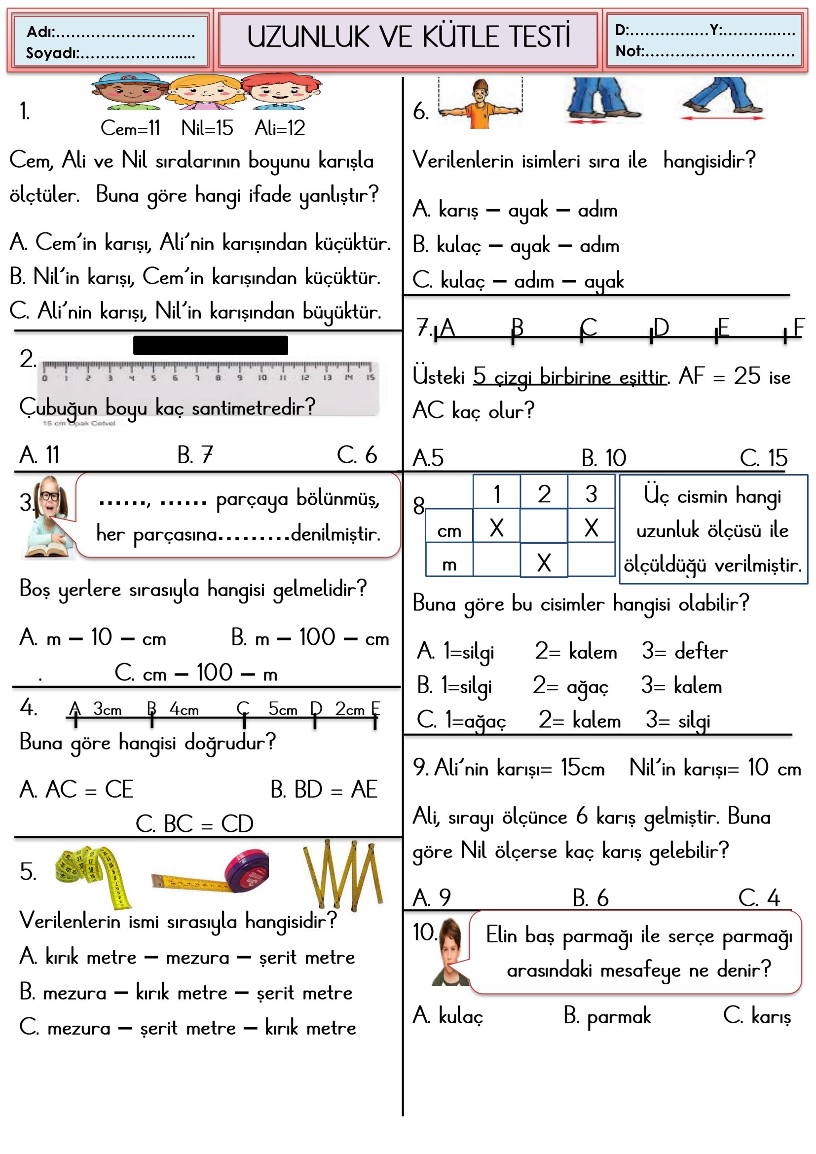 2. Sınıf Matematik Uzunluk ve Kütle Ölçüleri Testi