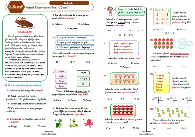 2. Sınıf Haftalık Değerlendirme Testi - 24.Hafta (13-17 Mart)