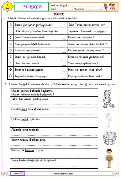 2. Sınıf Türkçe Soru Cümlesi Etkinliği