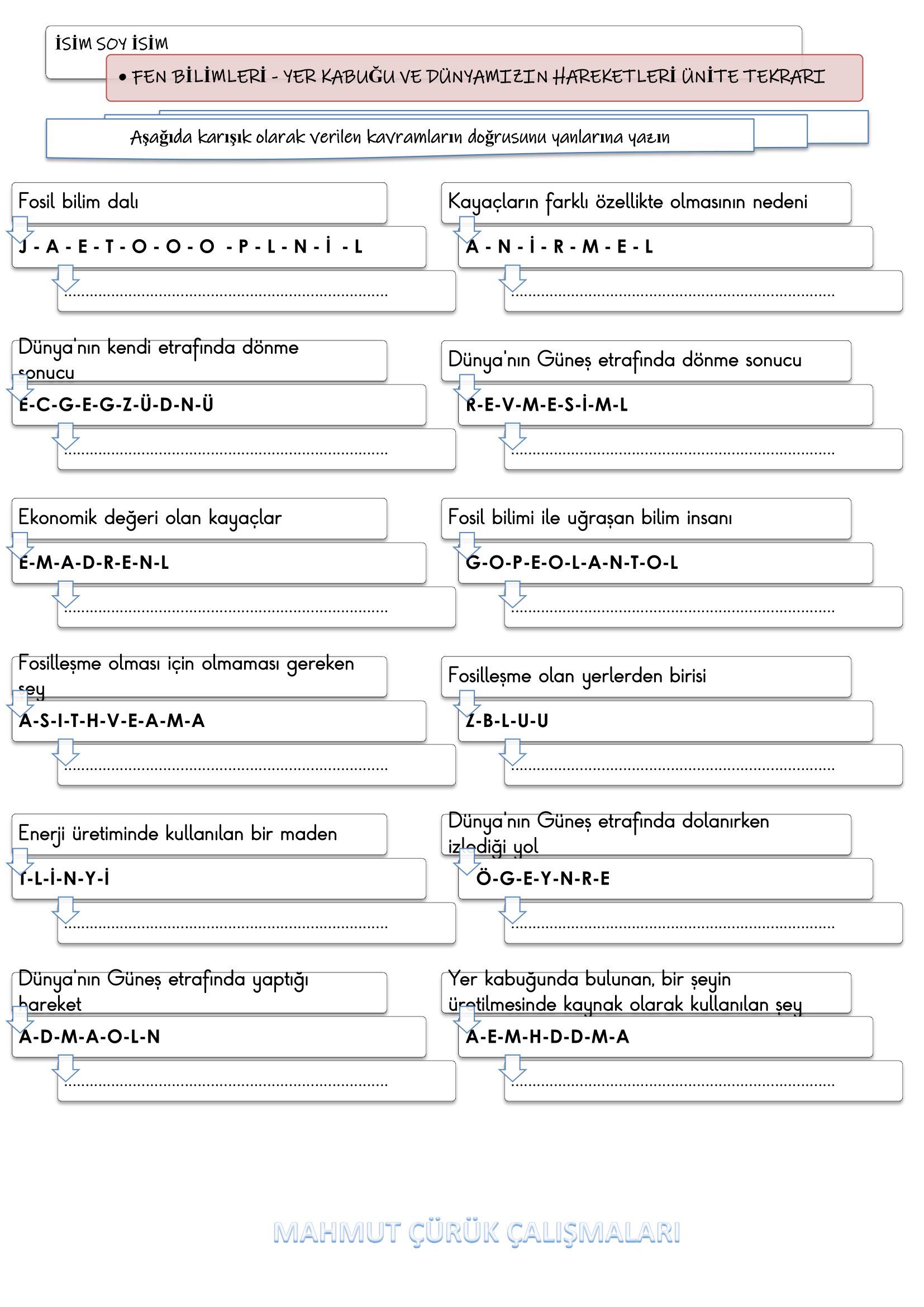 4. Sınıf - Fen Bilimleri Yer Kabuğu ve Dünyamızın Hareketleri Ünite Tekrarı