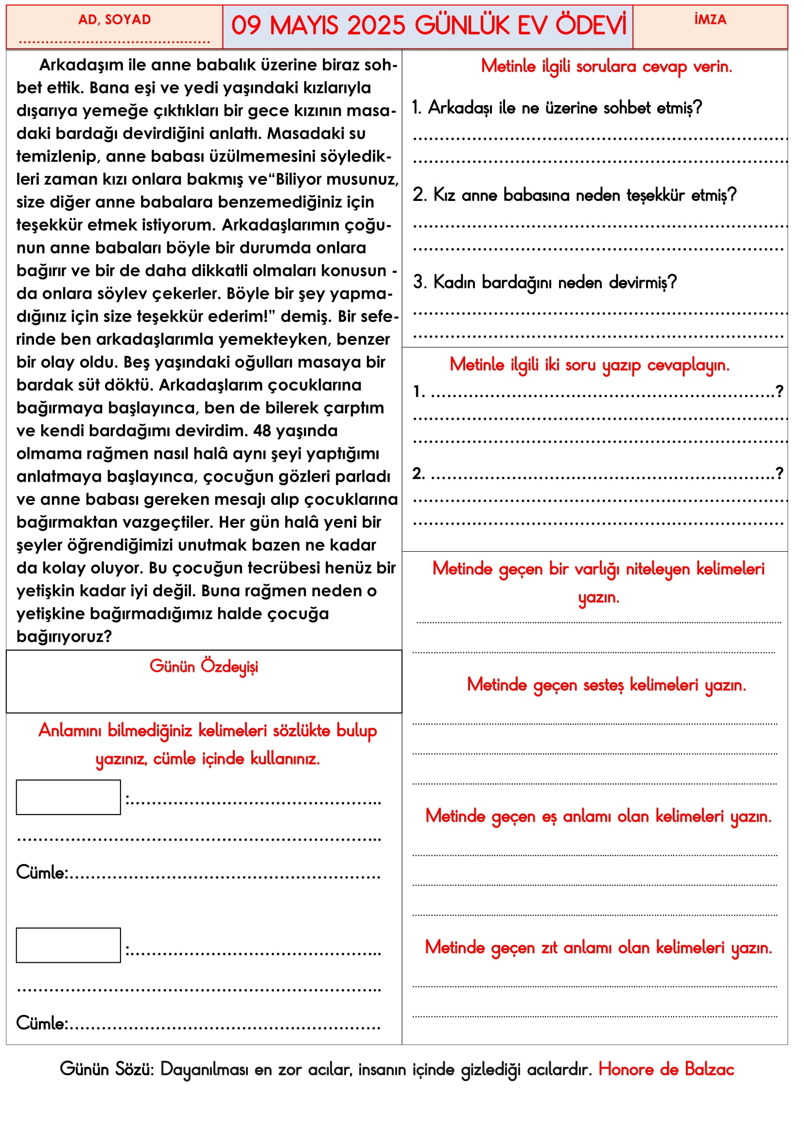 3. Sınıf 09 Mayıs 2025 Günlük Ev Ödevi
