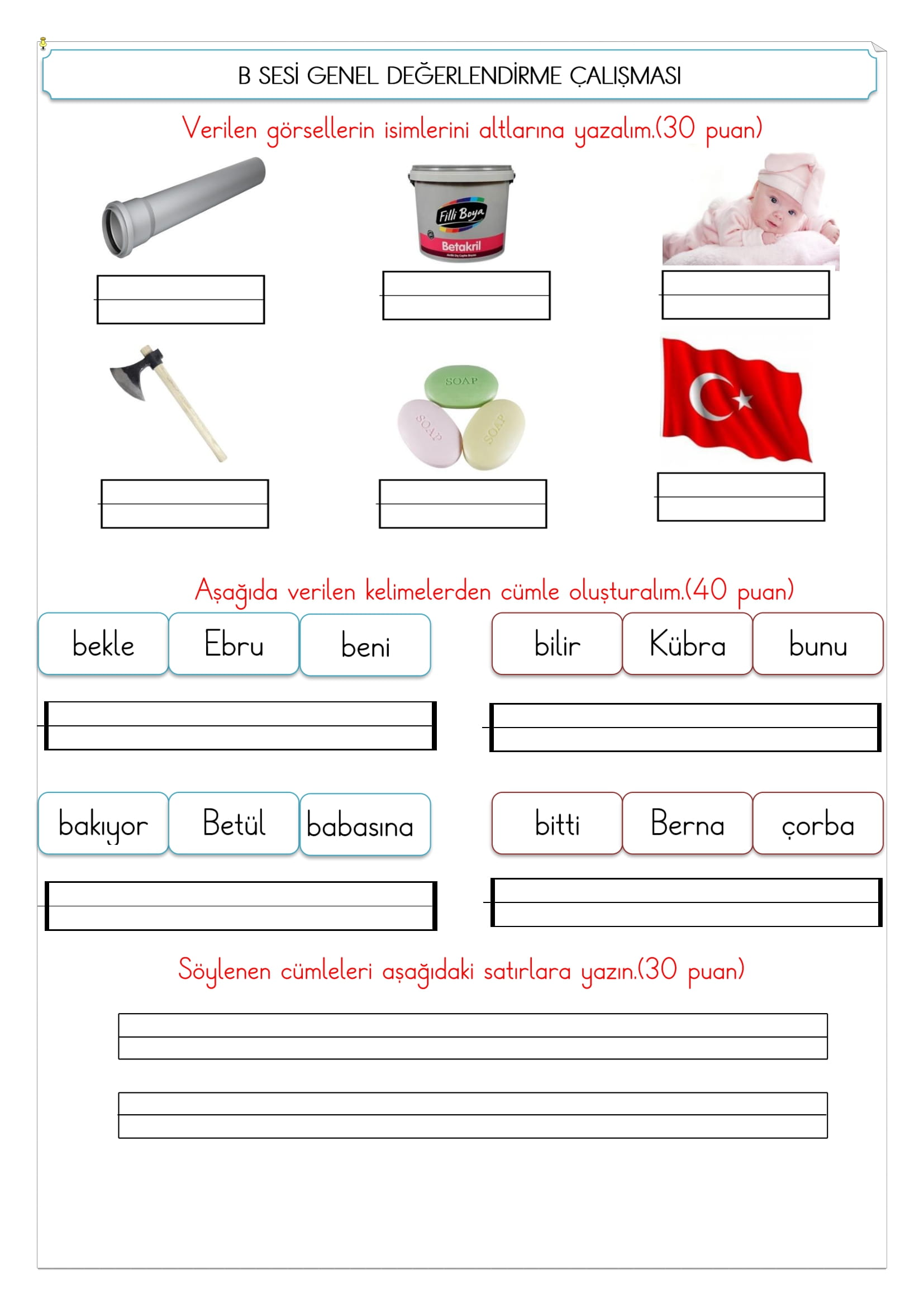 1. Sınıf İlk Okuma Yazma B Sesi Değerlendirme Çalışması-1