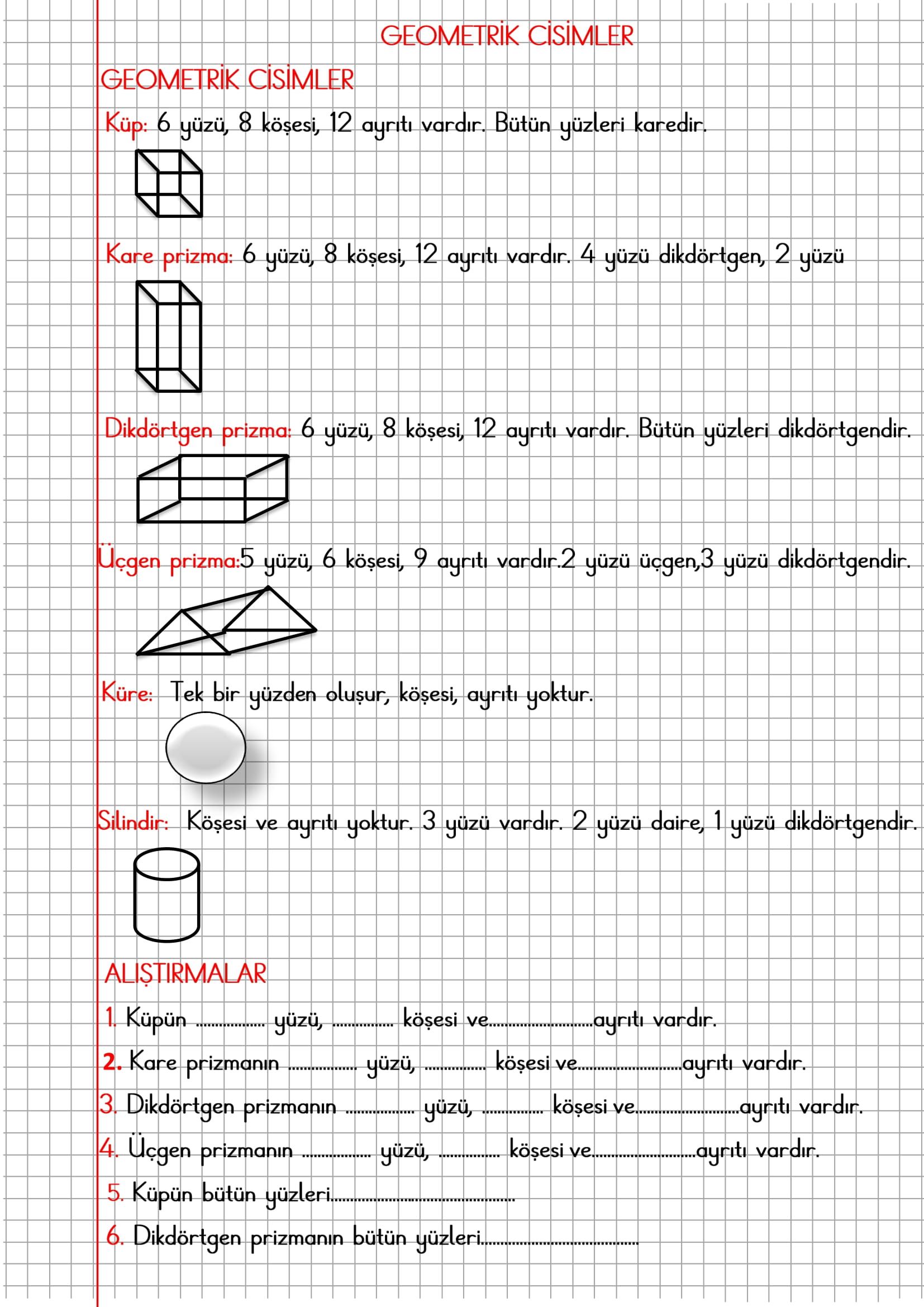 2. Sınıf Matematik Kareli Defterde Geometrik Cisimler Konu Özeti