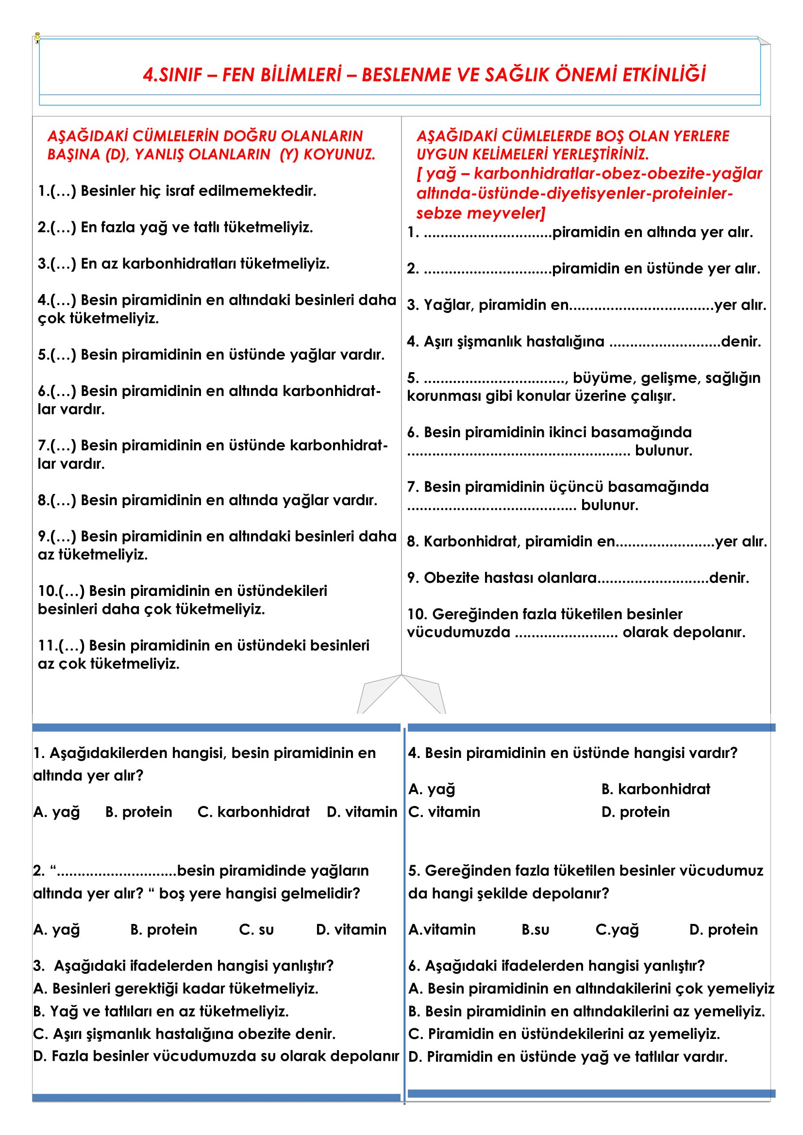 4. Sınıf Fen Bilimleri Beslenme ve Sağlık Etkinliği