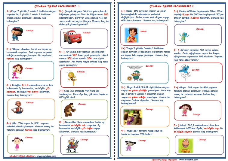 3. Sınıf Matematik Çıkarma İşlemi Problemleri  ( 2 sayfa)