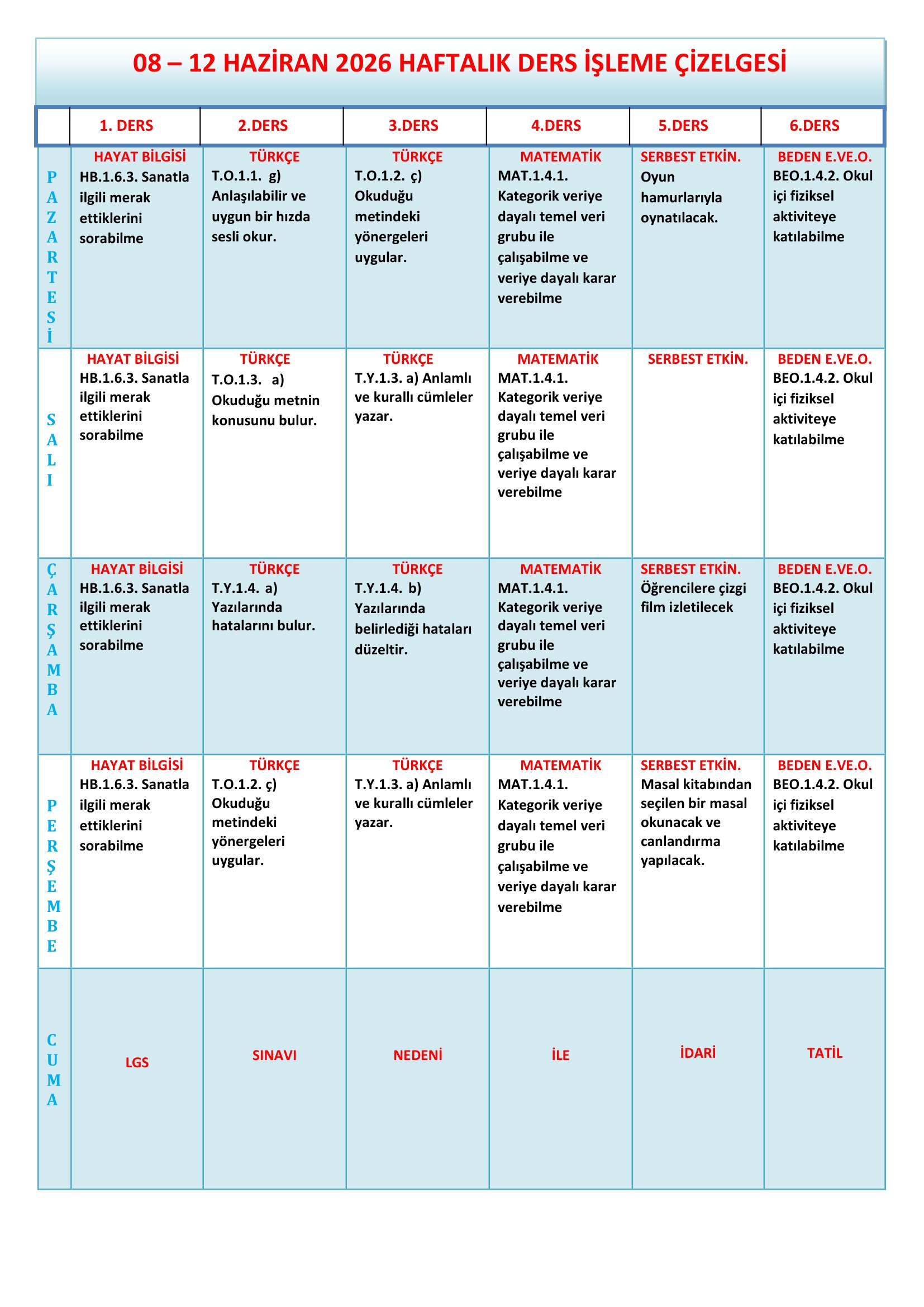 1. Sınıf 08 - 12 Haziran 2026 Haftalık Ders İşleme Çizelgesi.doc