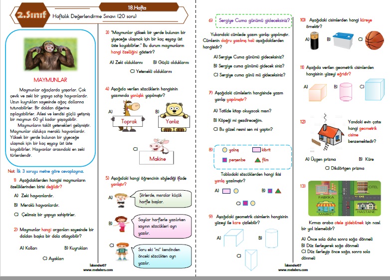 2. Sınıf Haftalık Değerlendirme Testi - 18.Hafta (10-14 Ocak)