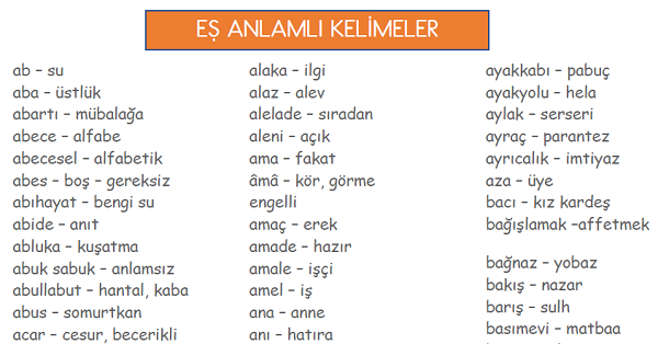 3. Sınıf Türkçe Eş Anlamlı Kelimeler Listesi