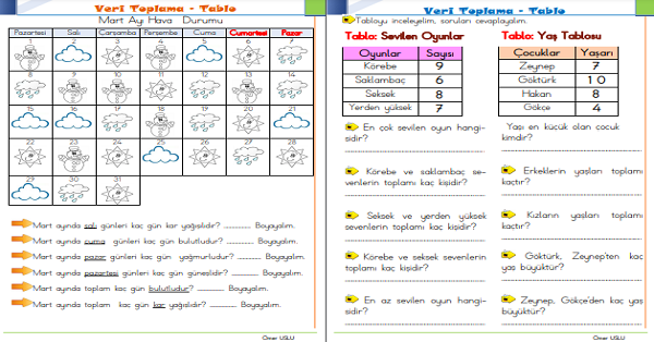 1.Snıf Matematik Veri Toplama ve Tablo Etkinliği-3