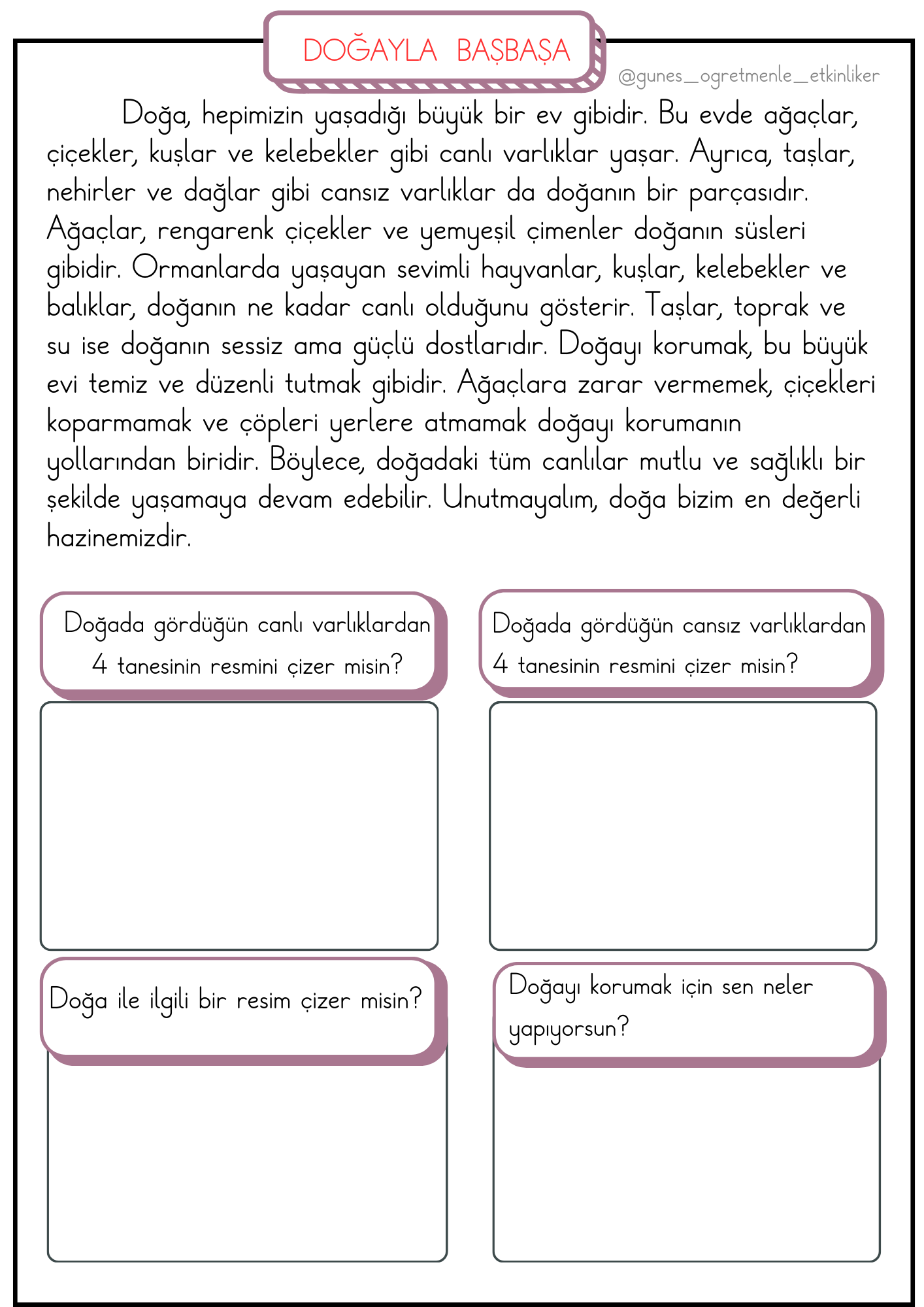 1. Sınıf Hayat Bilgisi Doğa Konusu Etkinlikleri