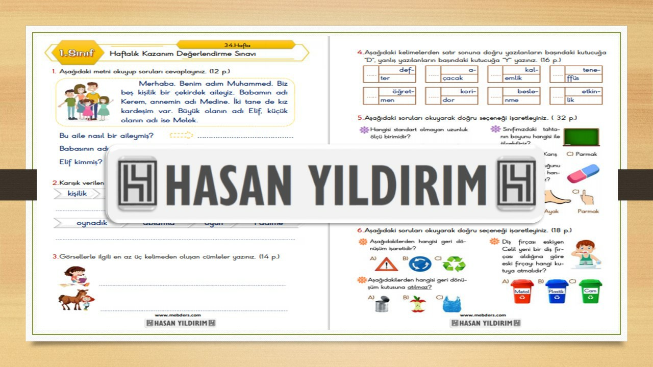1. Sınıf Haftalık Değerlendirme Sınavı-34.Hafta(7-11 Haziran)